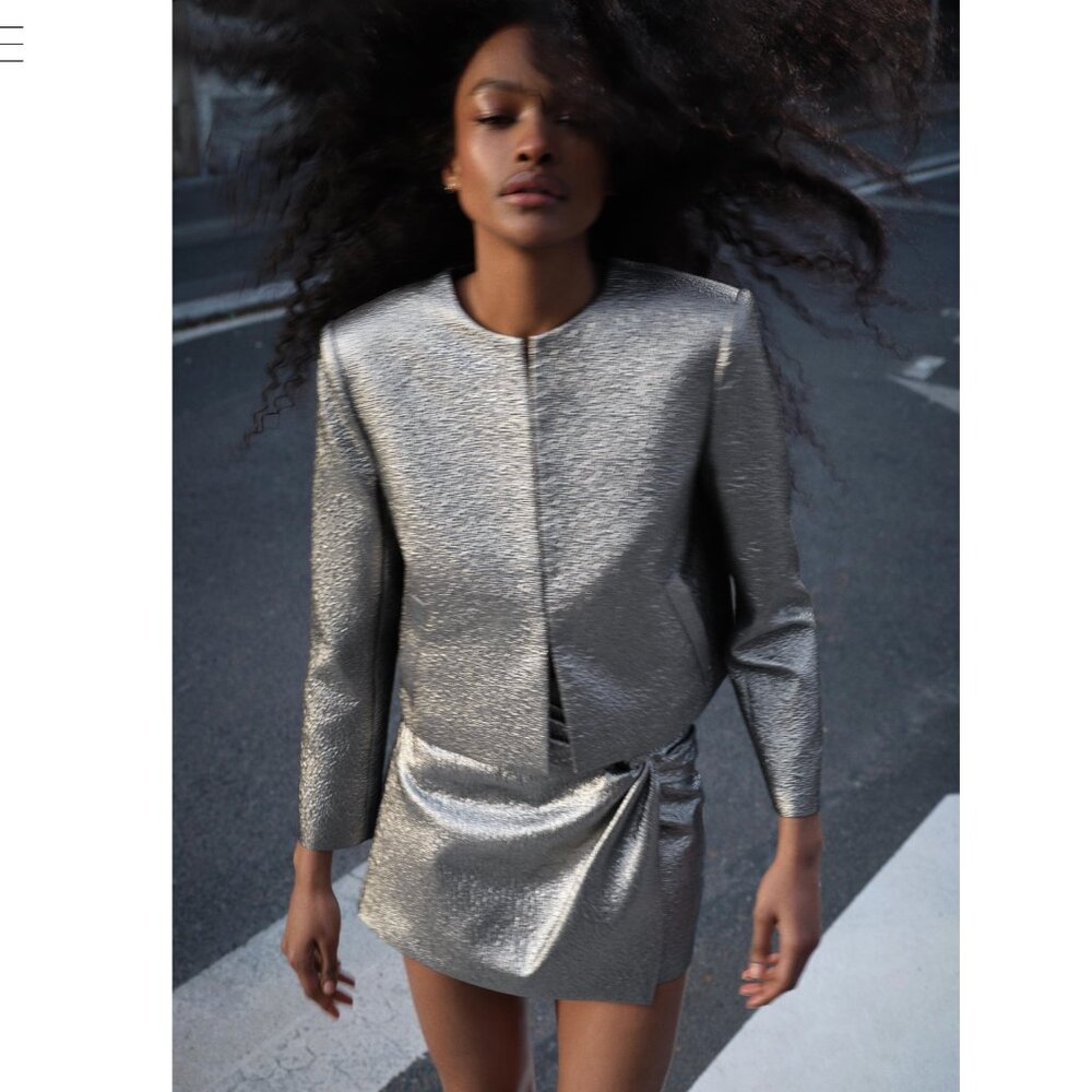 NWT ZARA Cropped Jacket With Lamination Bloggers Fave Silver Festive XS Oversize